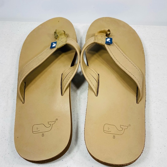Vineyard Vines Mens Flip Flops Sandals Mustard Leather Size 8 Whale Logo - Picture 4 of 6